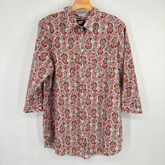 Lands End Womens Floral Print 3/4 Sleeve Shirt top tunic Size 16 100% Cotton - Picture 2 of 11